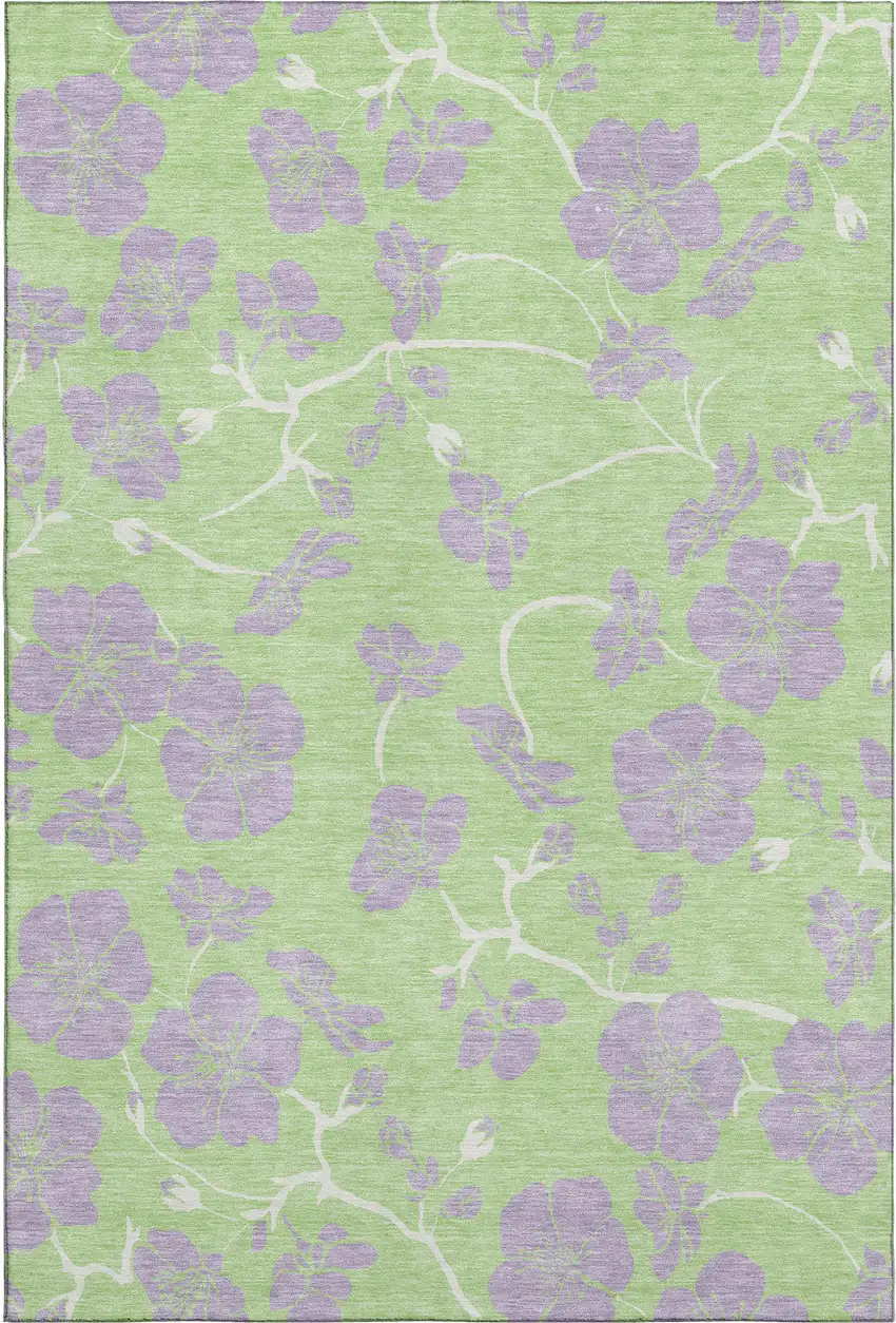 Mint Green Ivory And Lavender Floral Washable Area Rug With UV Protection Photo 1