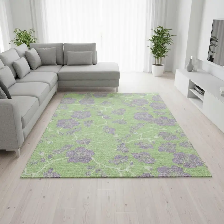 Mint Green Ivory And Lavender Floral Washable Area Rug With UV Protection Photo 2