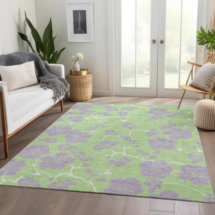 Mint Green Ivory And Lavender Floral Washable Area Rug With UV Protection Photo 5
