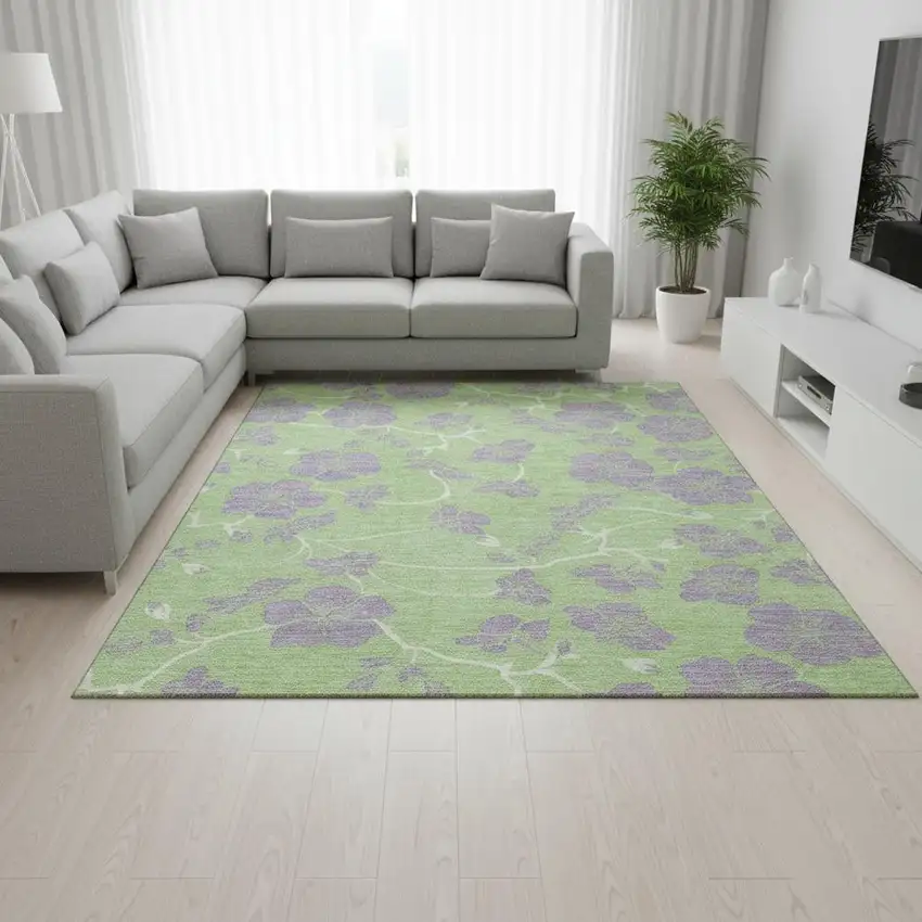 Mint Green Ivory And Lavender Floral Washable Area Rug With UV Protection Photo 2