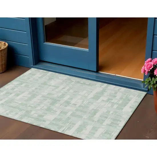 Mint Green Ivory And Pale Aqua Striped Washable Indoor Outdoor Area Rug Photo 2