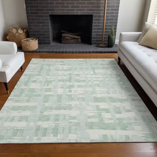 Mint Green Ivory And Pale Aqua Striped Washable Indoor Outdoor Area Rug Photo 7