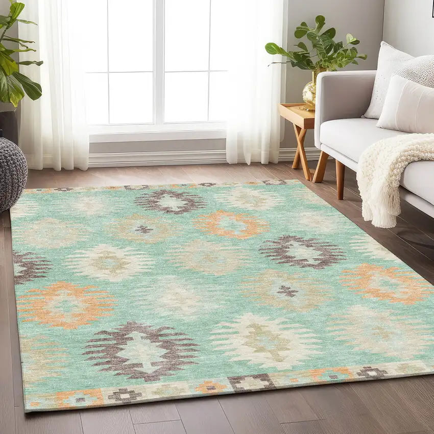 Mint Green Ivory And Peach Southwestern Washable Area Rug With UV Protection Photo 4