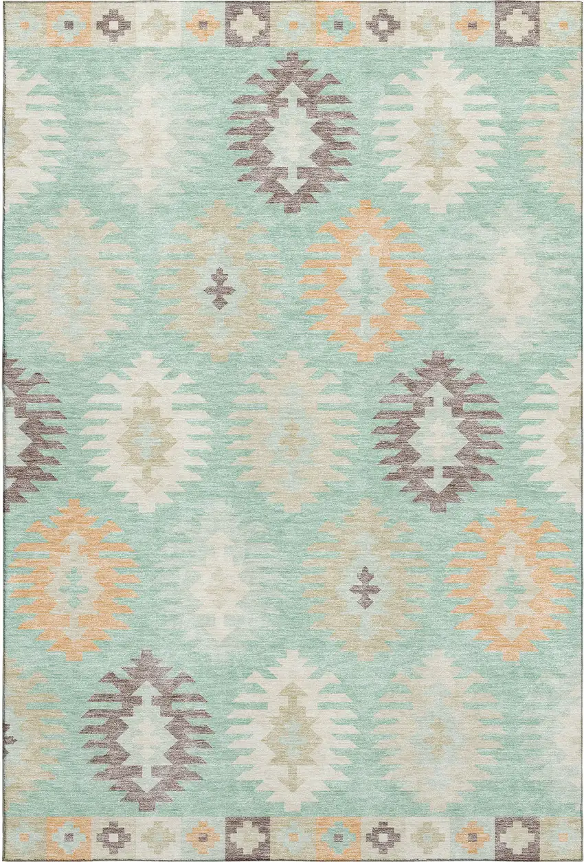Mint Green Ivory And Peach Southwestern Washable Area Rug With UV Protection Photo 1