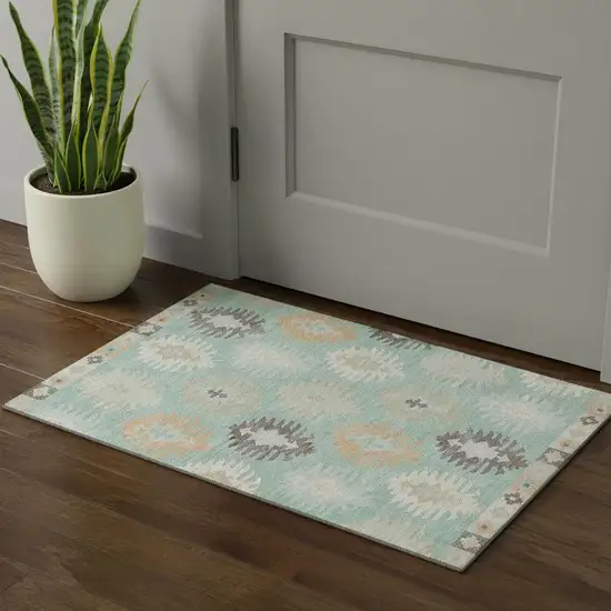 Mint Green Ivory And Peach Southwestern Washable Area Rug With UV Protection Photo 1