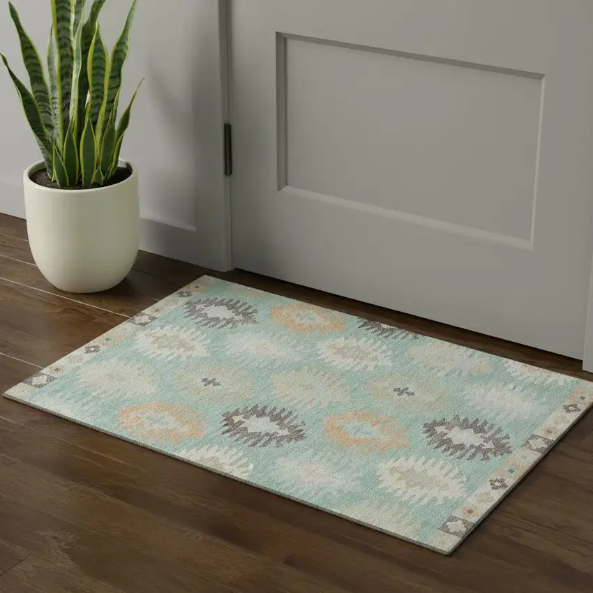 Mint Green Ivory And Peach Southwestern Washable Area Rug With UV Protection Photo 1