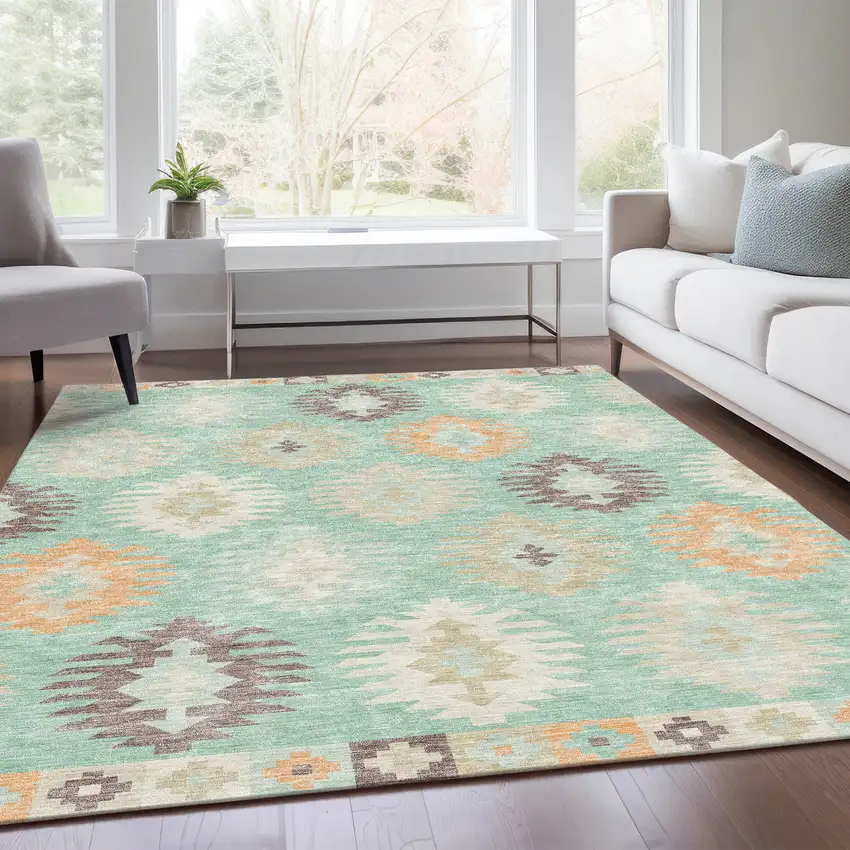 Mint Green Ivory And Peach Southwestern Washable Area Rug With UV Protection Photo 5