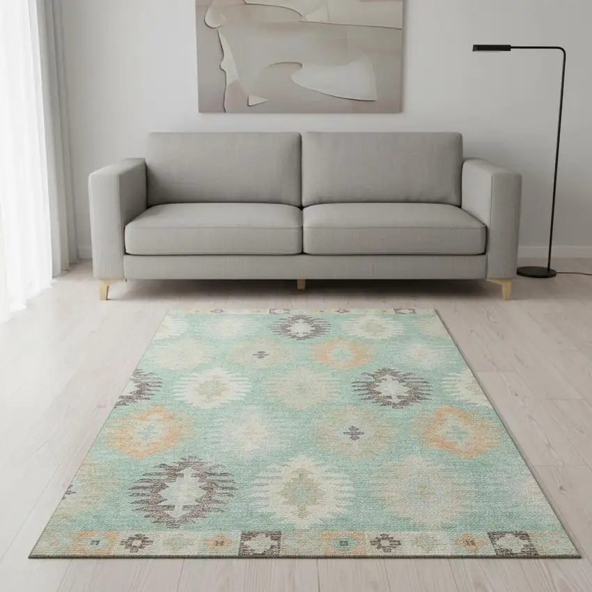 Mint Green Ivory And Peach Southwestern Washable Area Rug With UV Protection Photo 2