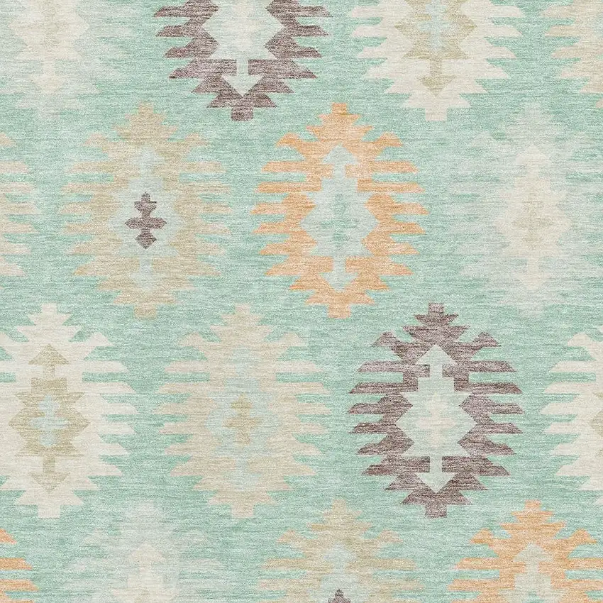 Mint Green Ivory And Peach Southwestern Washable Area Rug With UV Protection Photo 2
