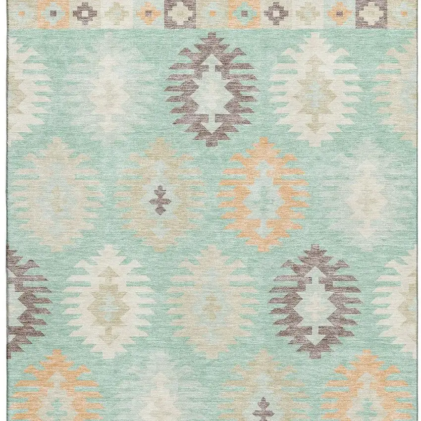 Mint Green Ivory And Peach Southwestern Washable Area Rug With UV Protection Photo 2