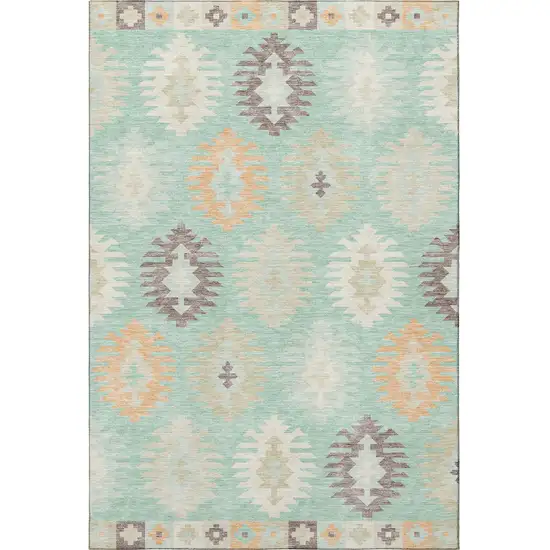 Mint Green Ivory And Peach Southwestern Washable Area Rug With UV Protection Photo 3