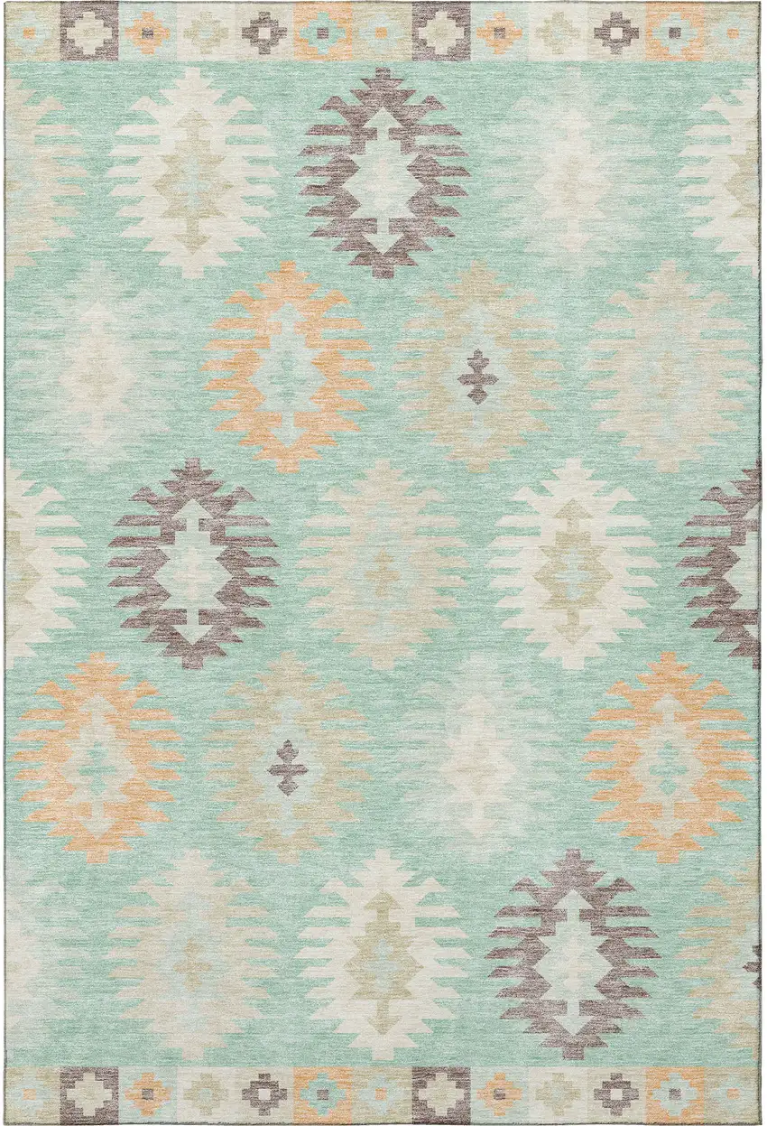 Mint Green Ivory And Peach Southwestern Washable Area Rug With UV Protection Photo 3