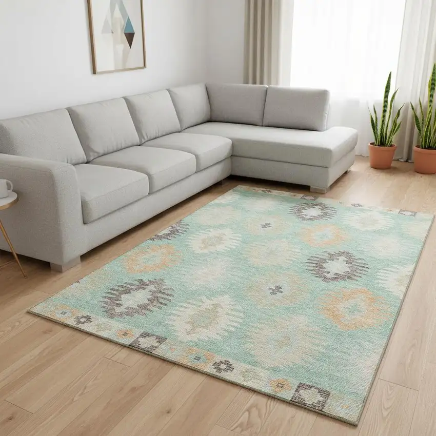 Mint Green Ivory And Peach Southwestern Washable Area Rug With UV Protection Photo 2