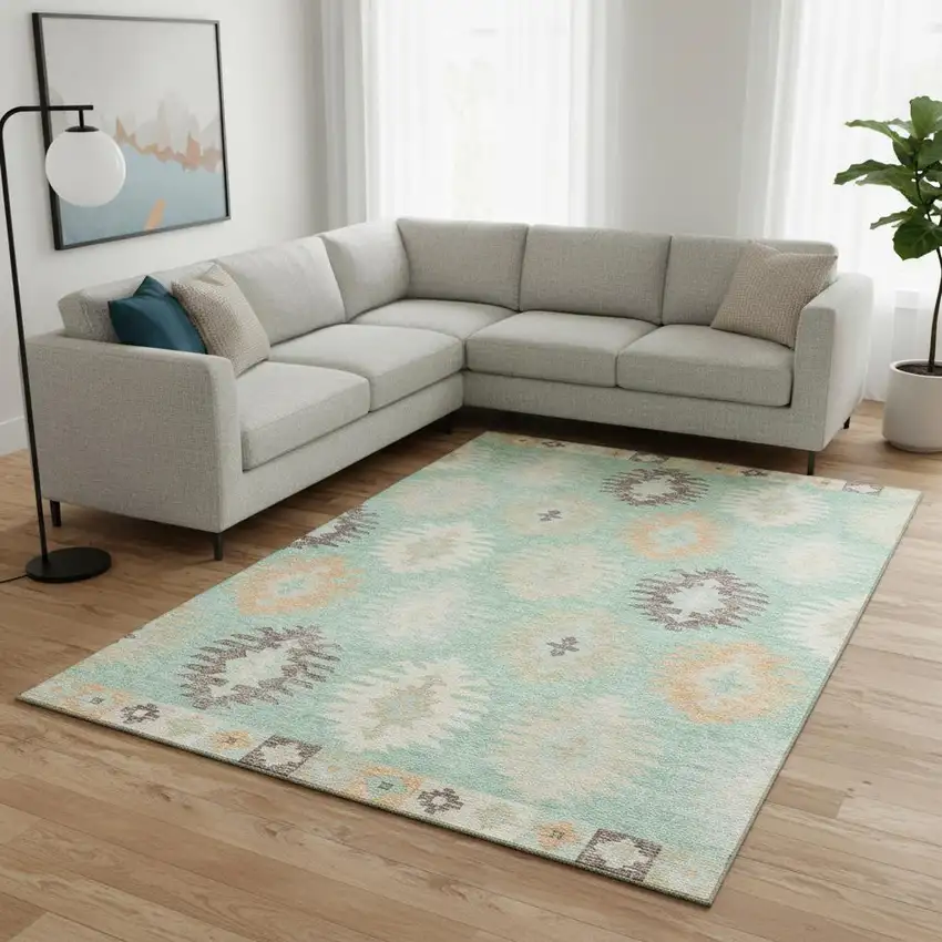 Mint Green Ivory And Peach Southwestern Washable Area Rug With UV Protection Photo 2