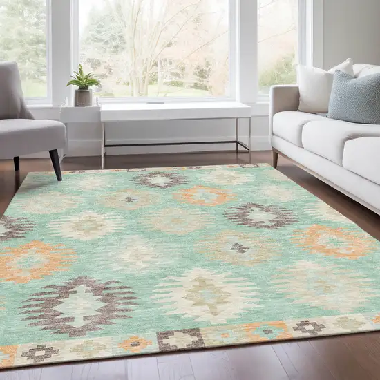 Mint Green Ivory And Peach Southwestern Washable Area Rug With UV Protection Photo 5