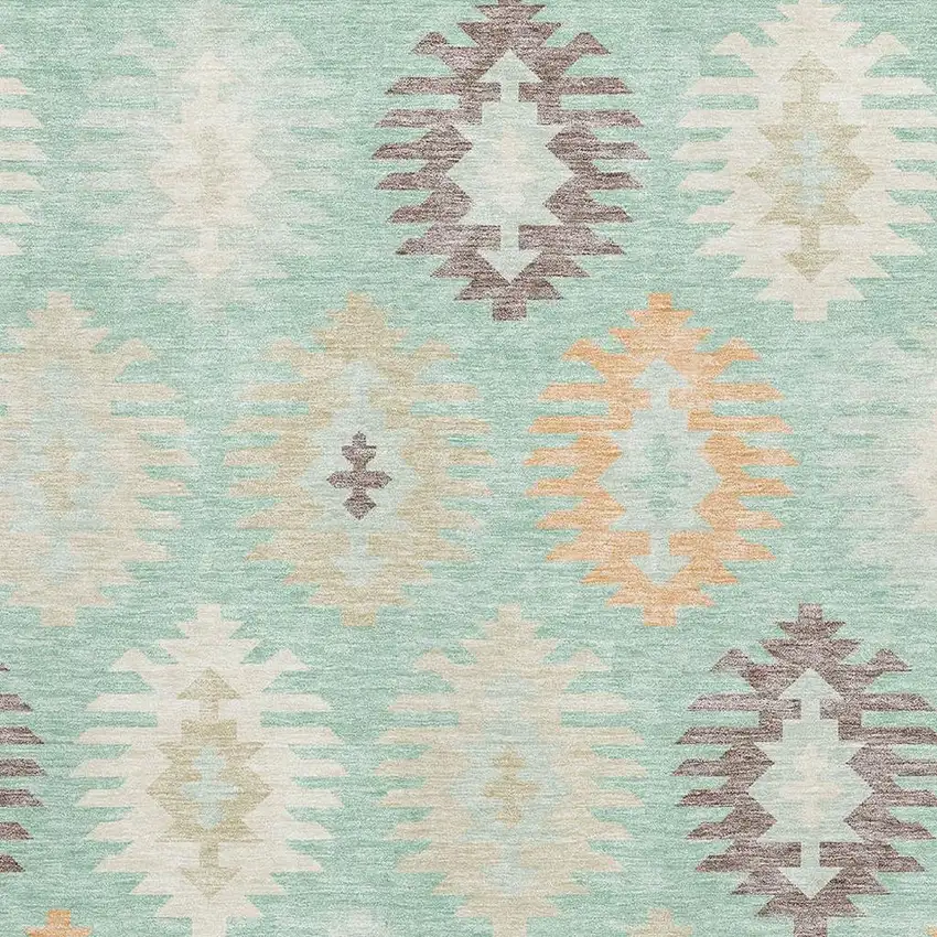Mint Green Ivory And Peach Southwestern Washable Area Rug With UV Protection Photo 2