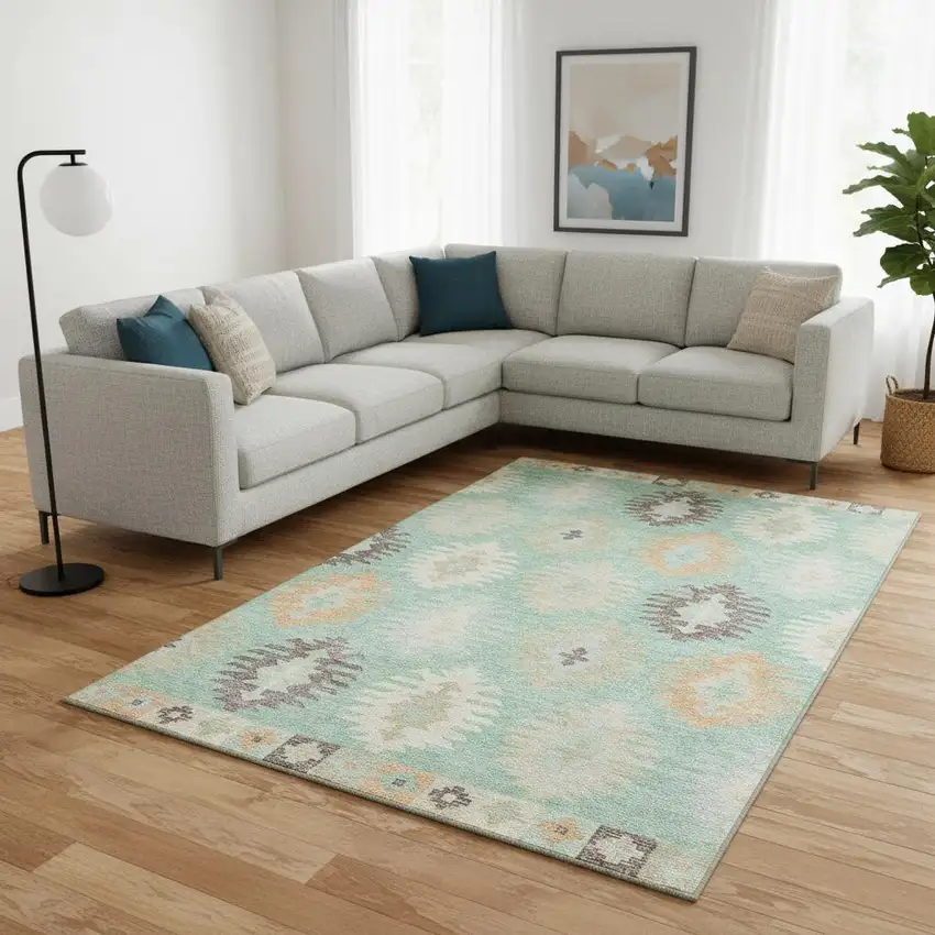 Mint Green Ivory And Peach Southwestern Washable Area Rug With UV Protection Photo 2