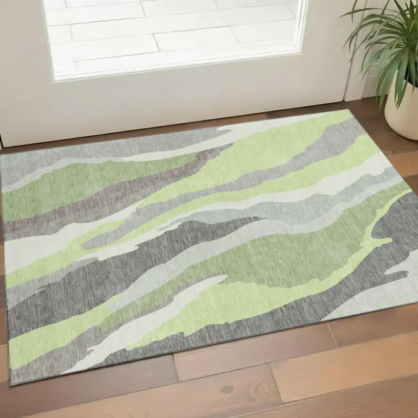 Mint Green Ivory And Silver Abstract Washable Area Rug With UV Protection Photo 1