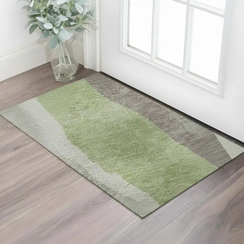 Mint Green Ivory And Silver Abstract Washable Area Rug With UV Protection Photo 2