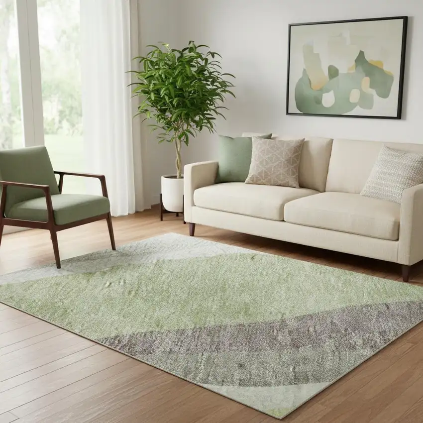 Mint Green Ivory And Silver Abstract Washable Area Rug With UV Protection Photo 2