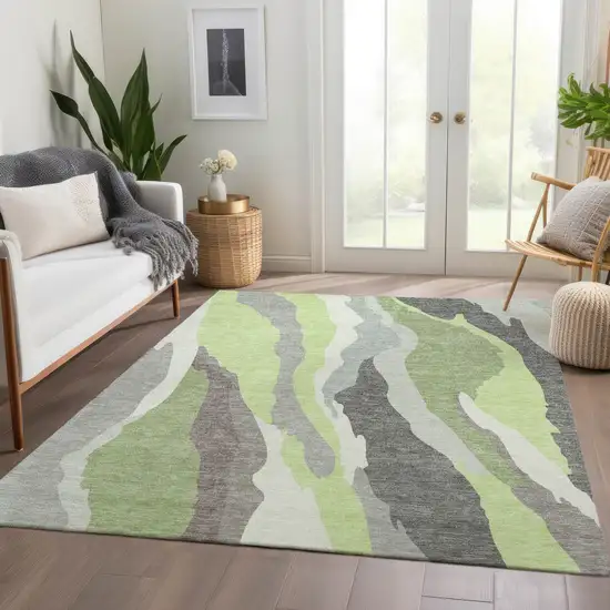 Mint Green Ivory And Silver Abstract Washable Area Rug With UV Protection Photo 3