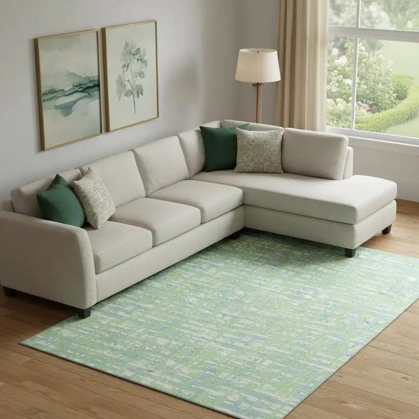 Mint Green Ivory And Sky Blue Abstract Geometric Washable Area Rug With UV Protection Photo 2