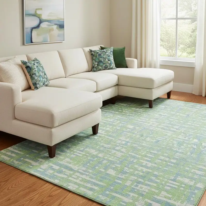Mint Green Ivory And Sky Blue Abstract Geometric Washable Area Rug With UV Protection Photo 2