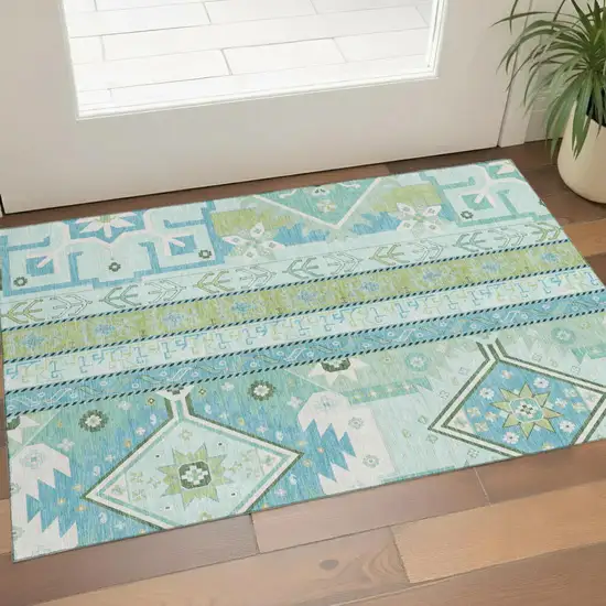 Mint Green Ivory And Teal Southwestern Washable Area Rug With UV Protection Photo 1