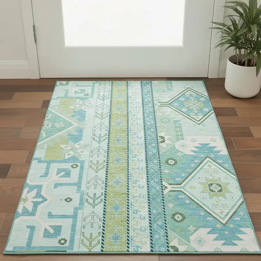 Mint Green Ivory And Teal Southwestern Washable Area Rug With UV Protection Photo 2
