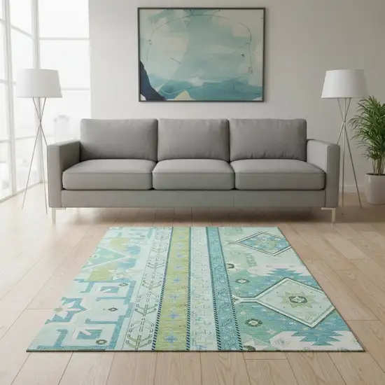 Mint Green Ivory And Teal Southwestern Washable Area Rug With UV Protection Photo 2