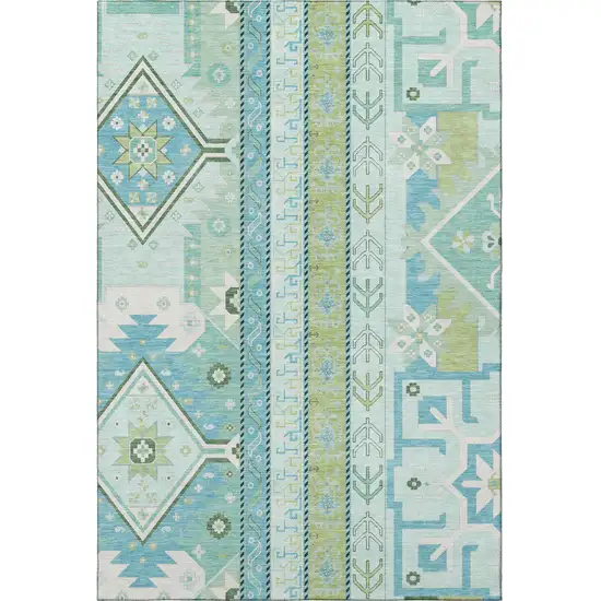 Mint Green Ivory And Teal Southwestern Washable Area Rug With UV Protection Photo 2