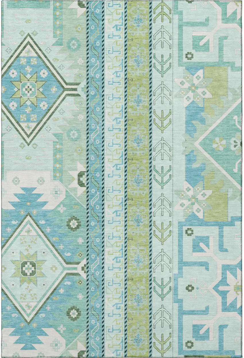 Mint Green Ivory And Teal Southwestern Washable Area Rug With UV Protection Photo 2