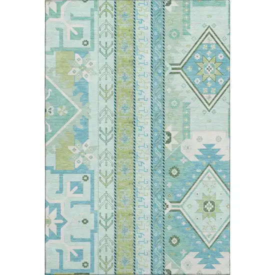 Mint Green Ivory And Teal Southwestern Washable Area Rug With UV Protection Photo 1