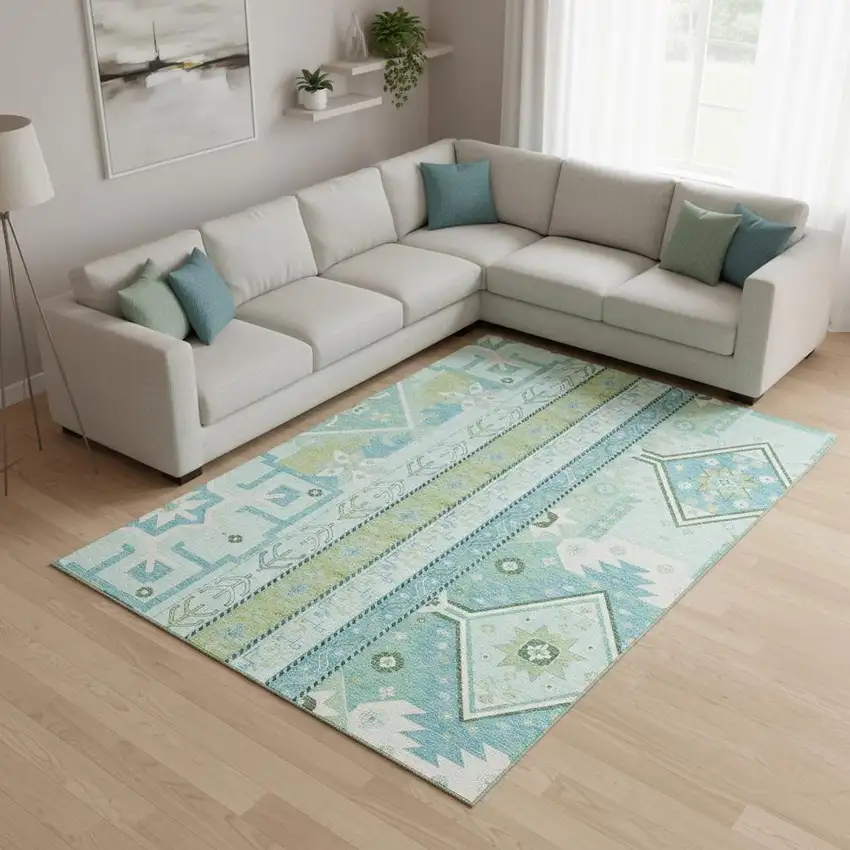Mint Green Ivory And Teal Southwestern Washable Area Rug With UV Protection Photo 2