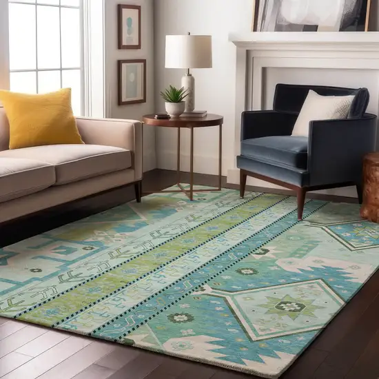Mint Green Ivory And Teal Southwestern Washable Area Rug With UV Protection Photo 3