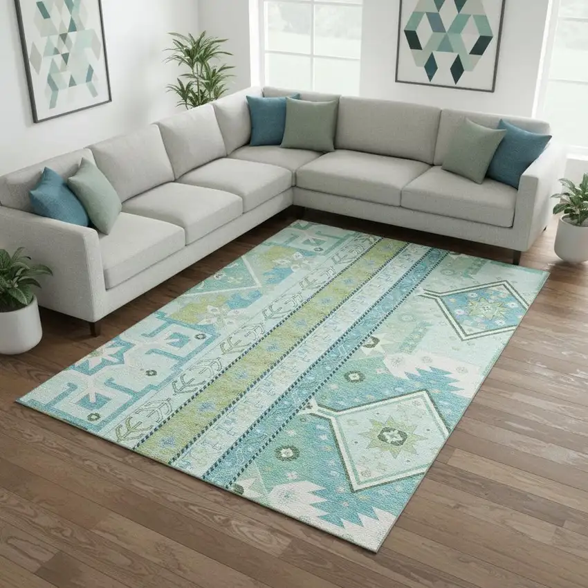 Mint Green Ivory And Teal Southwestern Washable Area Rug With UV Protection Photo 2