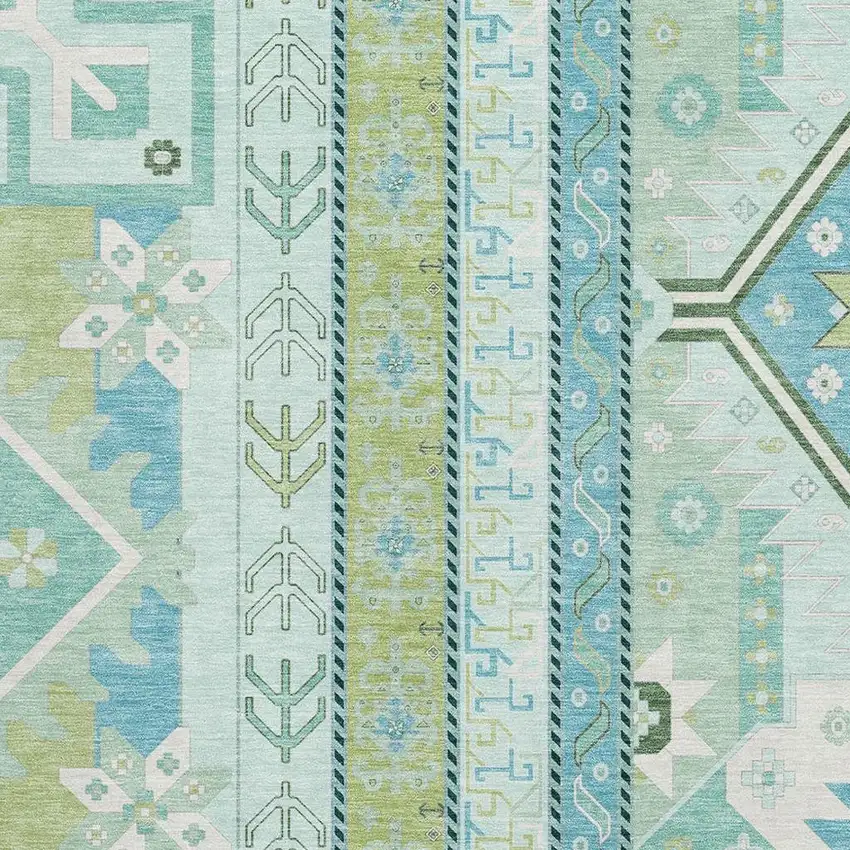 Mint Green Ivory And Teal Southwestern Washable Area Rug With UV Protection Photo 2