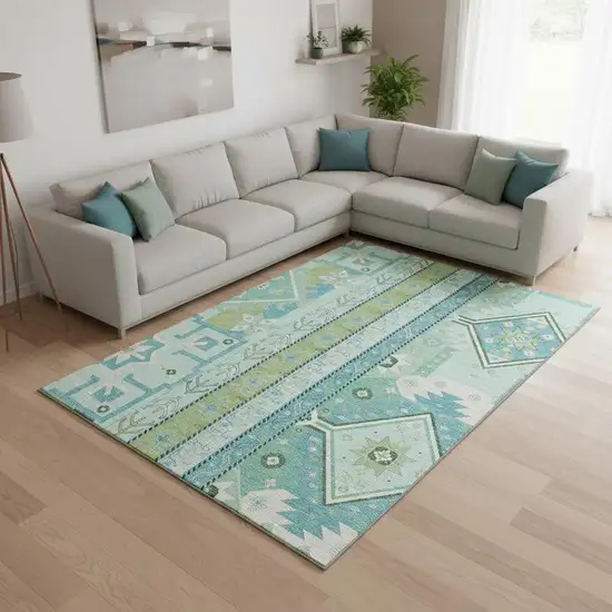 Mint Green Ivory And Teal Southwestern Washable Area Rug With UV Protection Photo 2