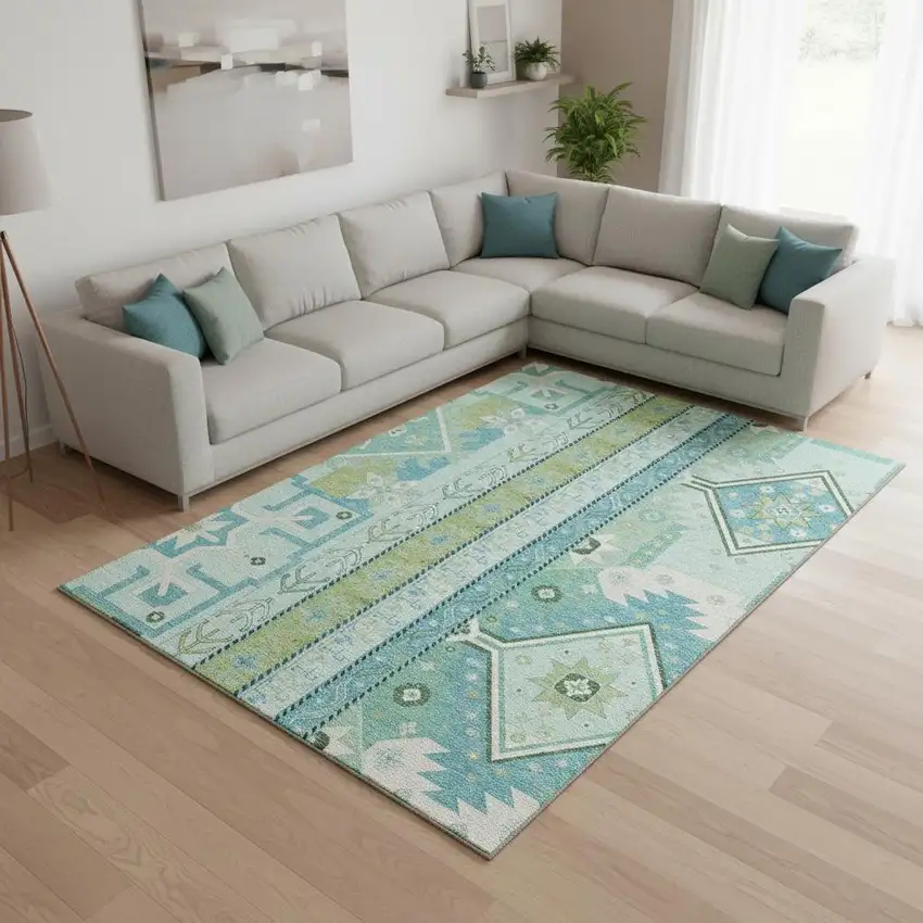 Mint Green Ivory And Teal Southwestern Washable Area Rug With UV Protection Photo 2