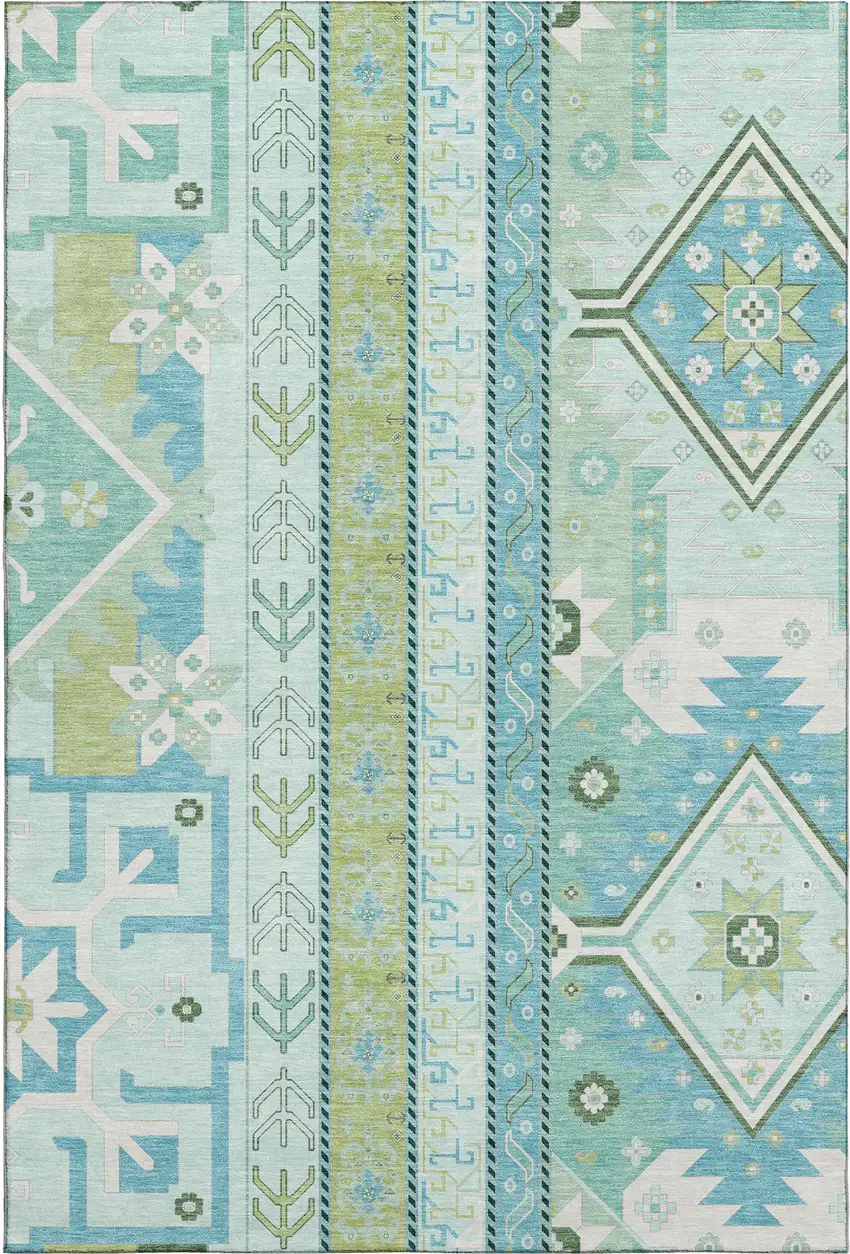 Mint Green Ivory And Teal Southwestern Washable Area Rug With UV Protection Photo 1