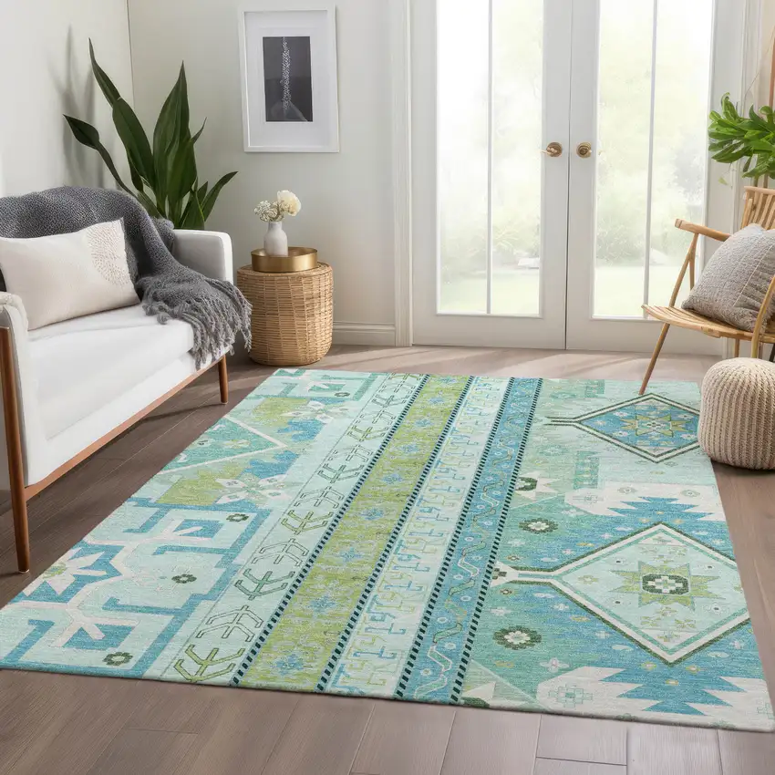 Mint Green Ivory And Teal Southwestern Washable Area Rug With UV Protection Photo 5