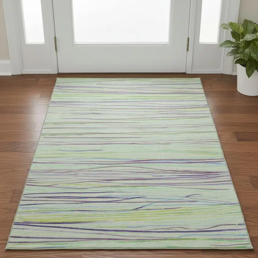 Mint Green Lavender And Lime Green Striped Washable Area Rug With UV Protection Photo 2