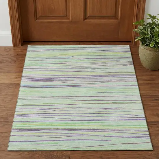 Mint Green Lavender And Lime Green Striped Washable Area Rug With UV Protection Photo 1