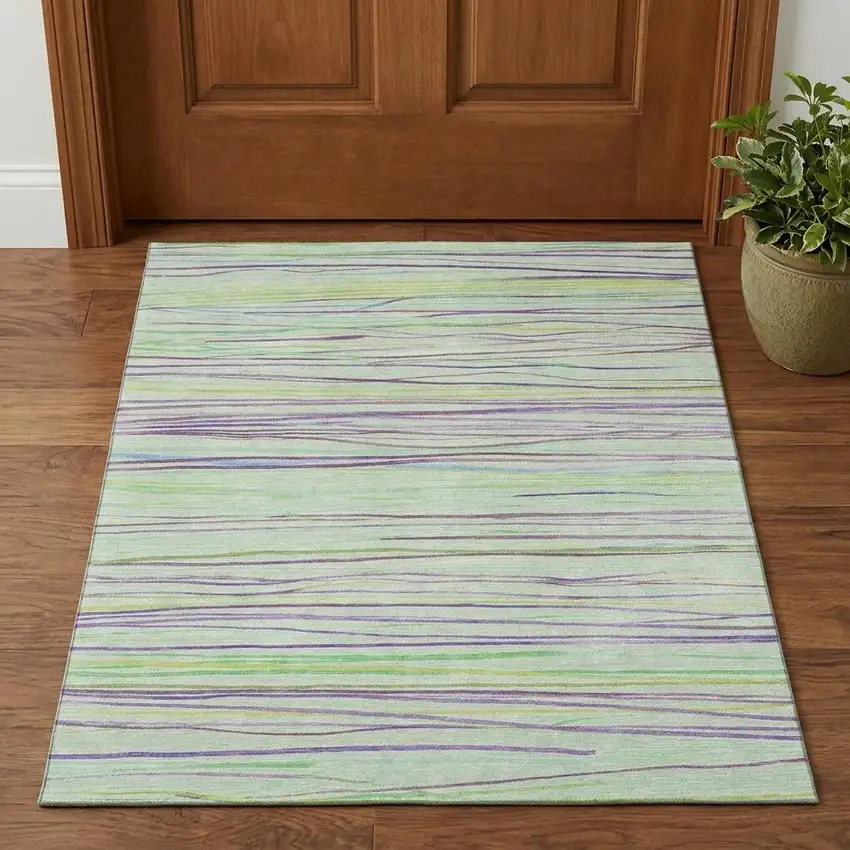 Mint Green Lavender And Lime Green Striped Washable Area Rug With UV Protection Photo 1