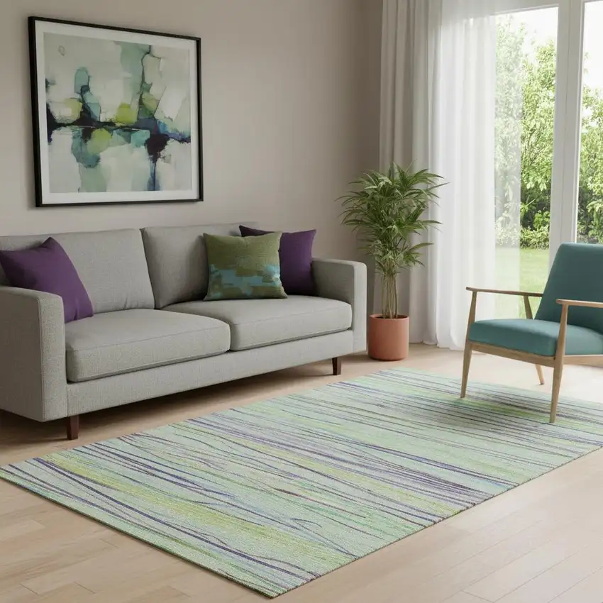 Mint Green Lavender And Lime Green Striped Washable Area Rug With UV Protection Photo 2