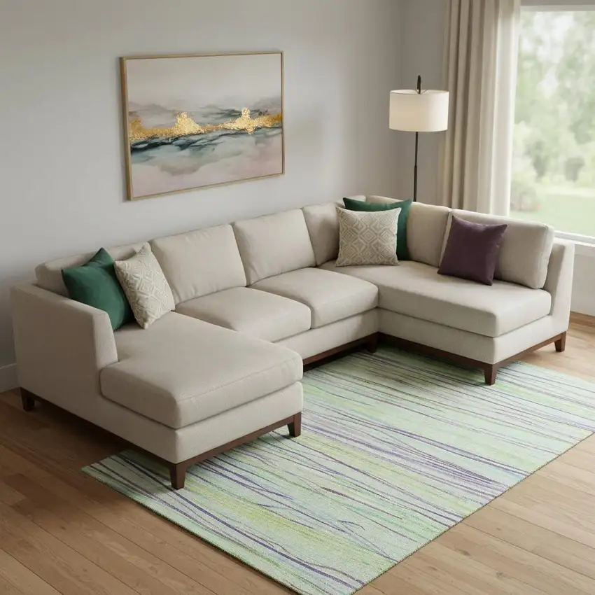 Mint Green Lavender And Lime Green Striped Washable Area Rug With UV Protection Photo 2