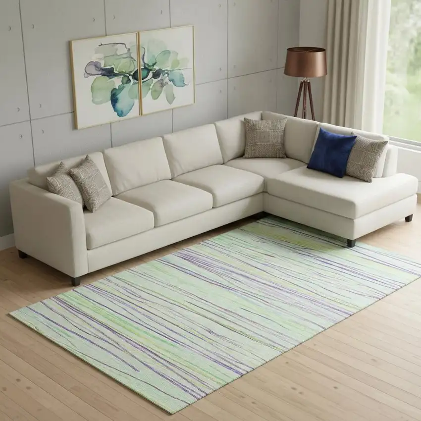 Mint Green Lavender And Lime Green Striped Washable Area Rug With UV Protection Photo 2