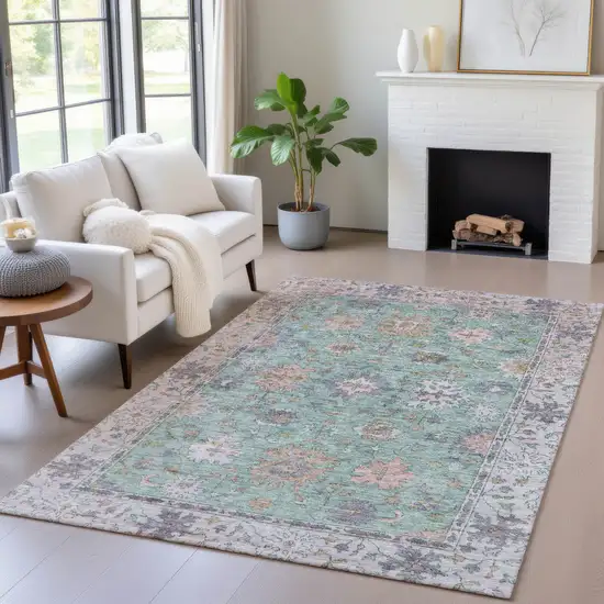 Mint Green Peach And Pale Aqua Floral Washable Indoor Outdoor Area Rug Photo 6