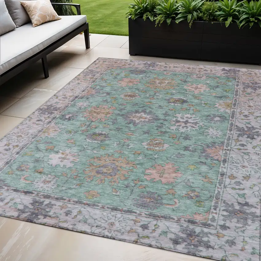 Mint Green Peach And Pale Aqua Floral Washable Indoor Outdoor Area Rug Photo 2