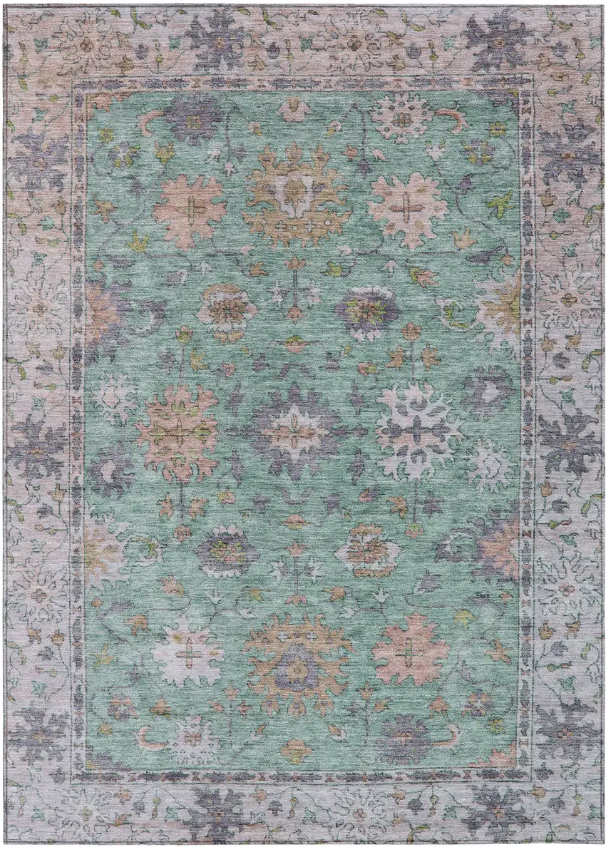 Mint Green Peach And Pale Aqua Floral Washable Indoor Outdoor Area Rug Photo 1